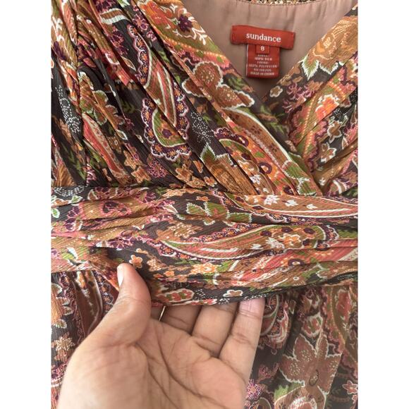 Sundance Silk Orange Brown Green Fall Autumn Paisley Y2K Midi Dress SIZE 8 - Picture 6 of 10